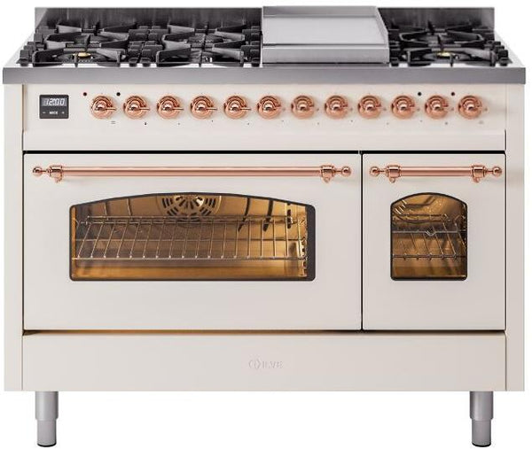 ILVE Nostalgie II 48-Inch Dual Fuel Freestanding Range with Removable Griddle in Antique White with Copper Trim (UP48FNMPAWP)