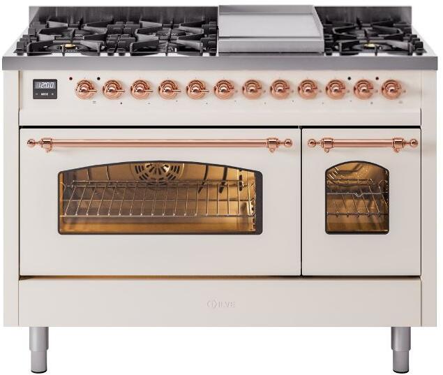 ILVE Nostalgie II 48-Inch Dual Fuel Freestanding Range with Removable Griddle in Antique White with Copper Trim (UP48FNMPAWP)