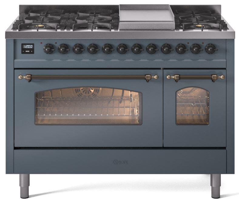 ILVE Nostalgie II 48-Inch Dual Fuel Freestanding Range with Removable Griddle in Blue Grey with Bronze Trim (UP48FNMPBGB)