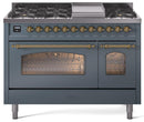 ILVE Nostalgie II 48-Inch Dual Fuel Freestanding Range with Removable Griddle in Blue Grey with Brass Trim (UP48FNMPBGG)