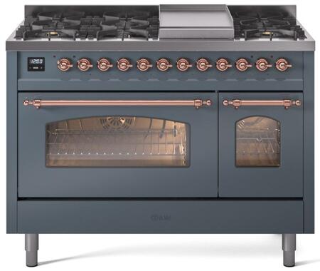 ILVE Nostalgie II 48-Inch Dual Fuel Freestanding Range with Removable Griddle in Blue Grey with Copper Trim (UP48FNMPBGP)