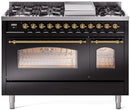 ILVE Nostalgie II 48-Inch Dual Fuel Freestanding Range with Removable Griddle in Glossy Black with Brass Trim (UP48FNMPBKG)