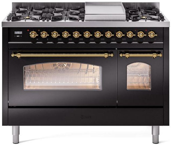 ILVE Nostalgie II 48-Inch Dual Fuel Freestanding Range with Removable Griddle in Glossy Black with Brass Trim (UP48FNMPBKG)