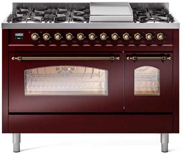 ILVE Nostalgie II 48-Inch Dual Fuel Freestanding Range with Removable Griddle in Burgundy with Bronze Trim (UP48FNMPBUB)