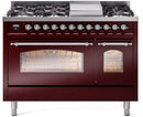 ILVE Nostalgie II 48-Inch Dual Fuel Freestanding Range with Removable Griddle in Burgundy with Copper Trim (UP48FNMPBUC)