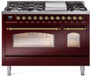 ILVE Nostalgie II 48-Inch Dual Fuel Freestanding Range with Removable Griddle in Burgundy with Brass Trim (UP48FNMPBUG)