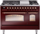 ILVE Nostalgie II 48-Inch Dual Fuel Freestanding Range with Removable Griddle in Burgundy with Copper Trim (UP48FNMPBUP)
