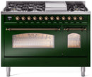 ILVE Nostalgie II 48-Inch Dual Fuel Freestanding Range with Removable Griddle in Emerald Green with Bronze Trim (UP48FNMPEGB)