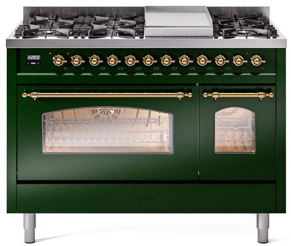 ILVE Nostalgie II 48-Inch Dual Fuel Freestanding Range with Removable Griddle in Emerald Green with Brass Trim (UP48FNMPEGG)