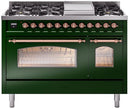 ILVE Nostalgie II 48-Inch Dual Fuel Freestanding Range with Removable Griddle in Emerald Green with Copper Trim (UP48FNMPEGP)