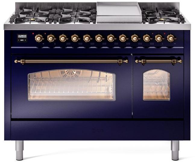 ILVE Nostalgie II 48-Inch Dual Fuel Freestanding Range with Removable Griddle in Midnight Blue with Bronze Trim (UP48FNMPMBB)