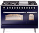 ILVE Nostalgie II 48-Inch Dual Fuel Freestanding Range with Removable Griddle in Midnight Blue with Chrome Trim (UP48FNMPMBC)