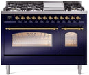 ILVE Nostalgie II 48-Inch Dual Fuel Freestanding Range with Removable Griddle in Midnight Blue with Brass Trim (UP48FNMPMBG)