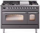 ILVE Nostalgie II 48-Inch Dual Fuel Freestanding Range with Removable Griddle in Matte Graphite with Chrome Trim (UP48FNMPMGC)