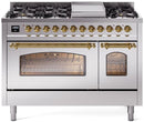 ILVE Nostalgie II 48-Inch Dual Fuel Freestanding Range with Removable Griddle in Stainless Steel with Brass Trim (UP48FNMPSSG)