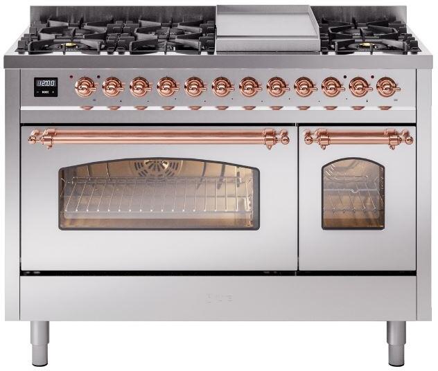 ILVE Nostalgie II 48-Inch Dual Fuel Freestanding Range with Removable Griddle in Stainless Steel with Copper Trim (UP48FNMPSSP)