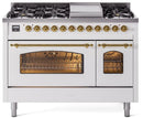 ILVE Nostalgie II 48-Inch Dual Fuel Freestanding Range with Removable Griddle in White with Brass Trim (UP48FNMPWHG)