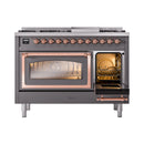 Dual fuel range with right oven door open and copper-trim oven handle