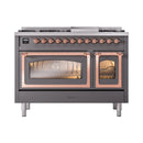 Dual fuel freestanding range front view with two closed oven doors and copper accents