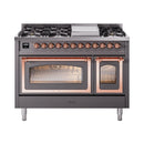 Dual fuel freestanding range in matte graphite with copper-trimmed control knobs and two ovens