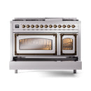 Stainless steel dual-fuel freestanding range with oven doors closed and bronze trims