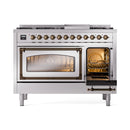 Stainless steel range with right oven open, interior light, bronze-trim doors