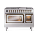 Stainless steel range with ovens closed, bronze control knobs and oven handles