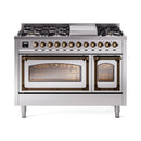 Stainless steel freestanding range with multiple burners and two ovens open