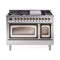 ILVE Nostalgie II Noblesse 48-Inch 5.02 Cu. Ft. Dual Oven Natural Gas Dual Fuel Range with 8 Burners, Griddle and Triple Glass Door in Stainless Steel with Burnished Bronze Trim (UN48FNMPSSB)