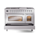Stainless steel dual-fuel range with front oven door open and side oven door closed