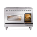 Stainless steel dual-fuel range with front oven door open and side oven door ajar