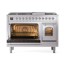 Stainless steel dual-fuel range with both ovens open and side oven door swung outward