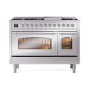 Stainless steel dual-fuel range with chrome trim, open front oven doors and burner layout