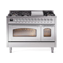 Stainless steel freestanding gas dual-fuel range with chrome trim, front view and knobs