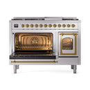 Stainless steel range with brass trim, left oven door open showing racks, right windowed door