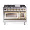 ILVE Nostalgie II Noblesse 48-Inch 5.02 Cu. Ft. Dual Oven Natural Gas Dual Fuel Range with 8 Burners, Griddle and Triple Glass Door in Stainless Steel with Brass Trim (UN48FNMPSSG)