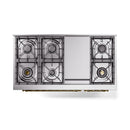Stainless steel cooktop with brass-accented frame and four burners with grates