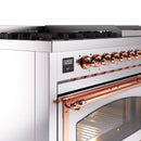 Stainless steel range control panel with digital display, copper knobs, and oven door