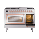 Stainless steel dual oven range with copper trim; left oven open, right oven closed