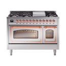 Stainless steel dual fuel gas range with copper trim, dual ovens and cooktop burners