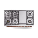 Stainless steel dual fuel gas cooktop burners with grates and copper trim accents