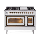 White dual-fuel freestanding range with burners and both oven doors open