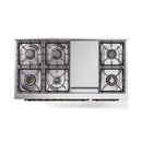 White dual-fuel freestanding range with bronze knobs and three burner grates
