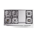 White dual-fuel gas range top with four burner grates and black burner caps