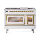 White dual fuel range with two oven windows and brass handles, front view