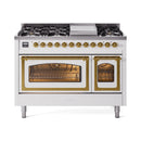 White range with brass-trim oven doors open and bake cavity visible
