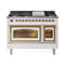 ILVE Nostalgie II Noblesse 48-Inch 5.02 Cu. Ft. Dual Oven Natural Gas Dual Fuel Range with 8 Burners, Griddle and Triple Glass Door in White with Brass Trim (UN48FNMPWHG)