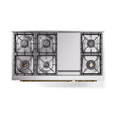 White dual fuel freestanding range with brass accents and black burner grates, front view