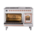 White range with both oven doors open and copper-trimmed bar handles
