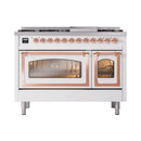 Freestanding white range with copper-trimmed oven windows and front control knob row
